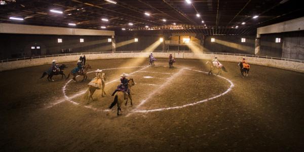 Escaramuza riders and horses practice in an indoor arena filled with beams of sunlight