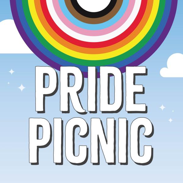 an illustrated rainbow at text: Pride Picnic