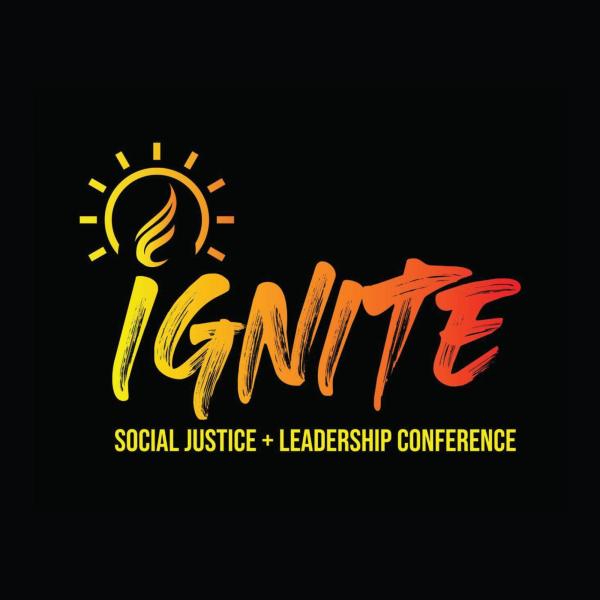 an illustrated candle flame and text: Ignite Social Justice & Leadership Conference