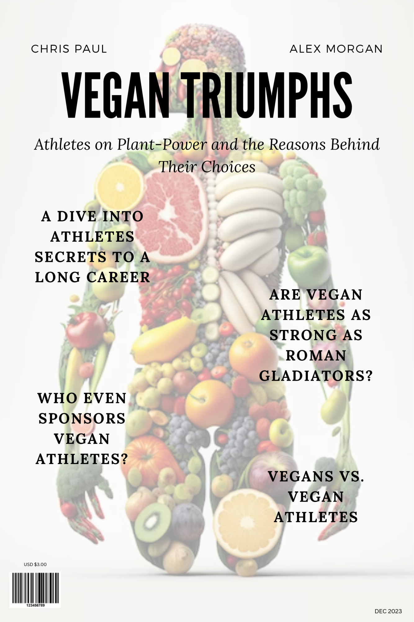 Cover of "Vegan Triumphs" with a human body outline filled with nutritious food created by Emma Meyer