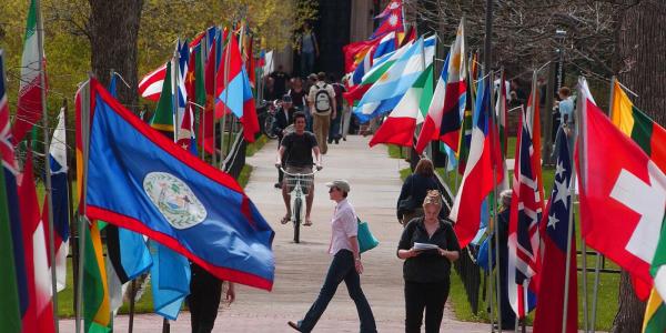 Flags lining Norlin quad during Conference on World Affairs 