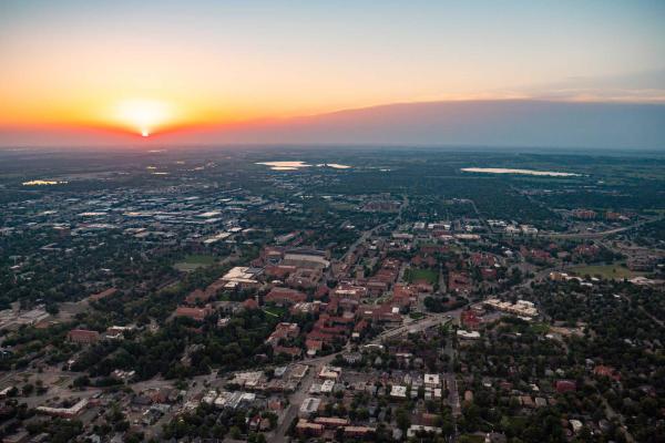 CU Boulder aerial at sunrise