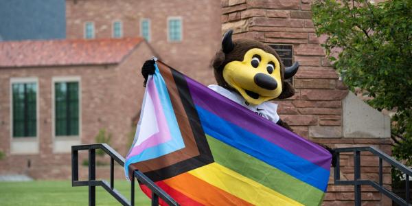 Chip the buffalo mascot holding an LGBTQ+ flag on campus