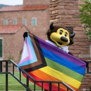 Chip the buffalo mascot holding an LGBTQ+ flag on campus
