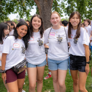 Female first-year students gather at a welcome BBQ at Williams Village