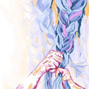 artwork illustrating a person braiding hair