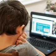 Boy holds head in hands while looking at laptop screen
